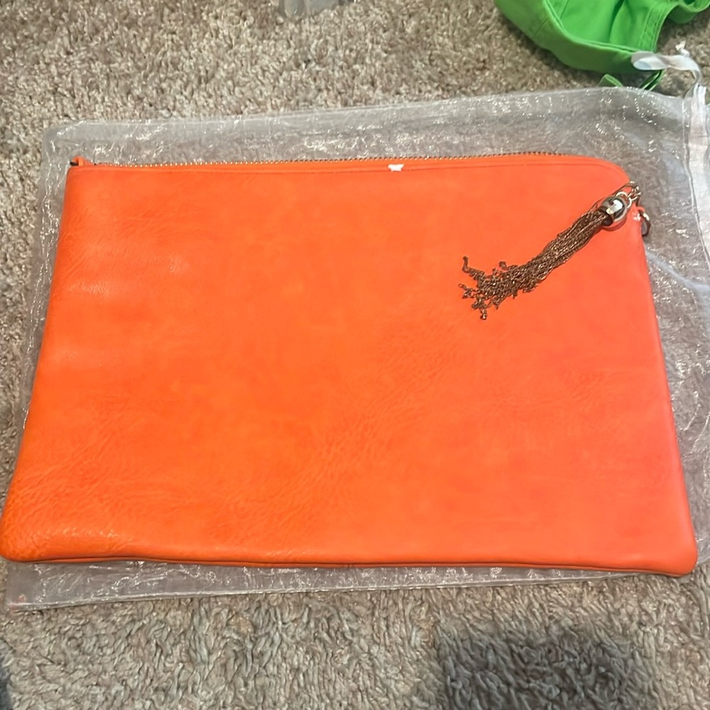 Orange large clutch with removable gold chain